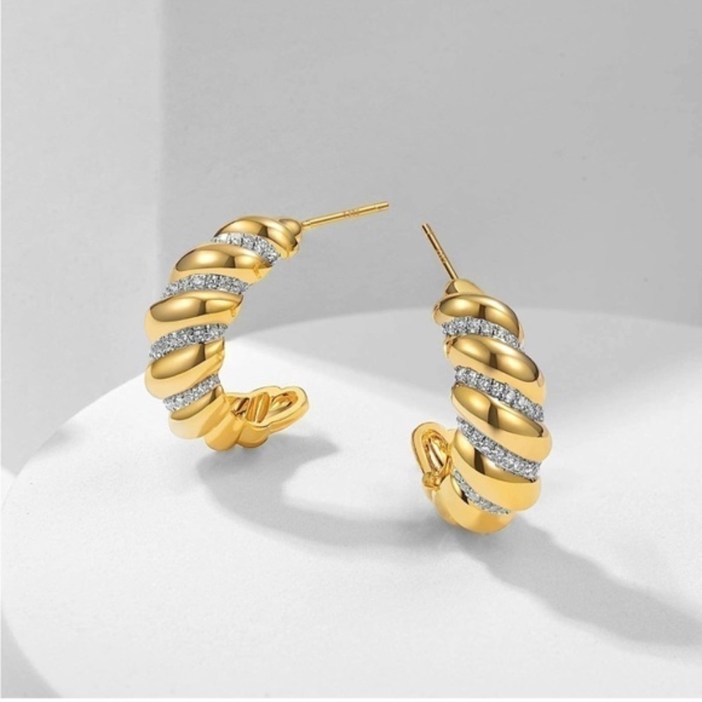 GOLD 14k Gold Plated Crossiant Cubic Zirconia Cuff Hoop Earrings